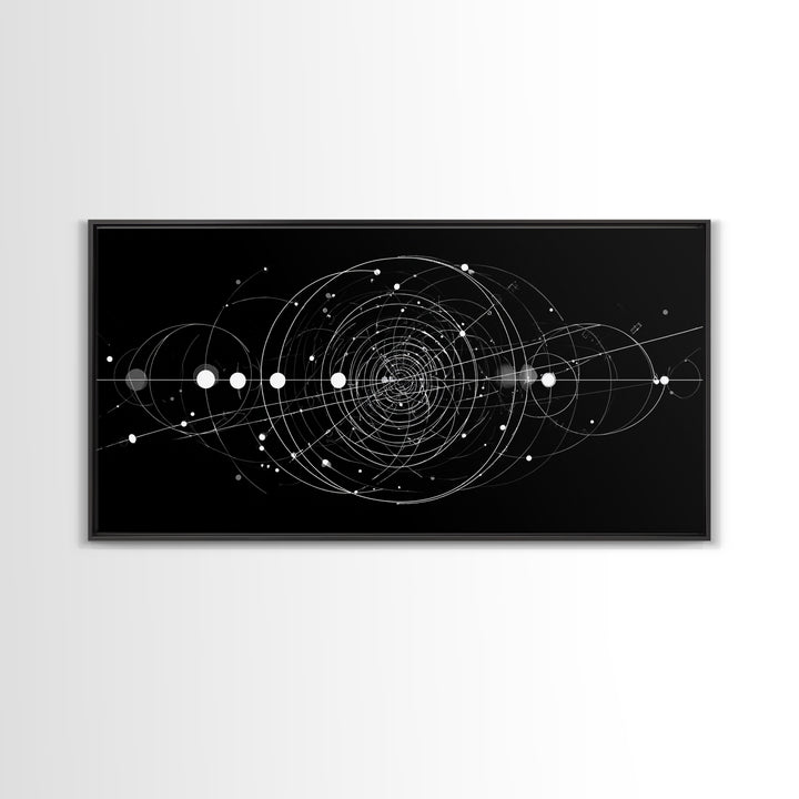 White Orbital Geometry In Black Space Wall Art, Modern Abstract Art Print, Sci Fi Decor, Geometric Wall Decor Gift For Office