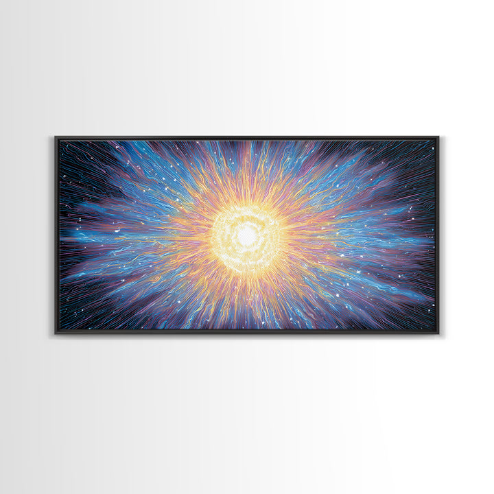 Electric Solar Burst With Rainbow Lines Canvas Print, Space Abstract Art, Modern Wall Art, Colorful Sci Fi Decor Gift Idea