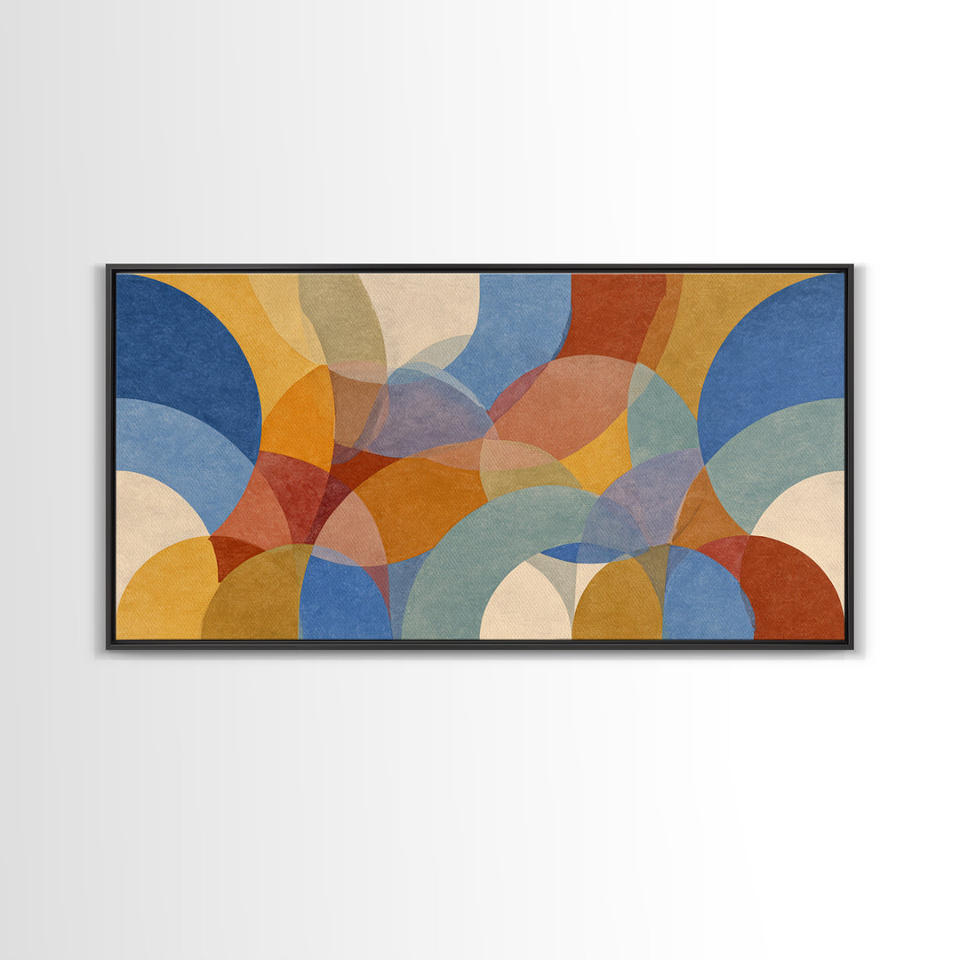 Colorful Translucent Circles And Arches Canvas Print, Midcentury Modern Abstract Art, Retro Wall Decor, Geometric Living Room Art