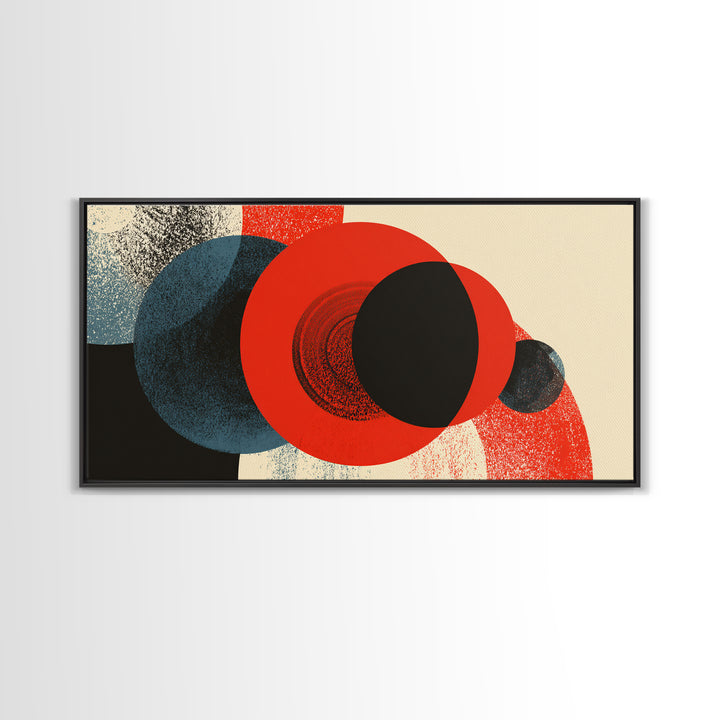Bold Red Black And Blue Circle Collision Wall Art, Midcentury Modern Abstract Poster, Geometric MCM Decor, Large Canvas Print