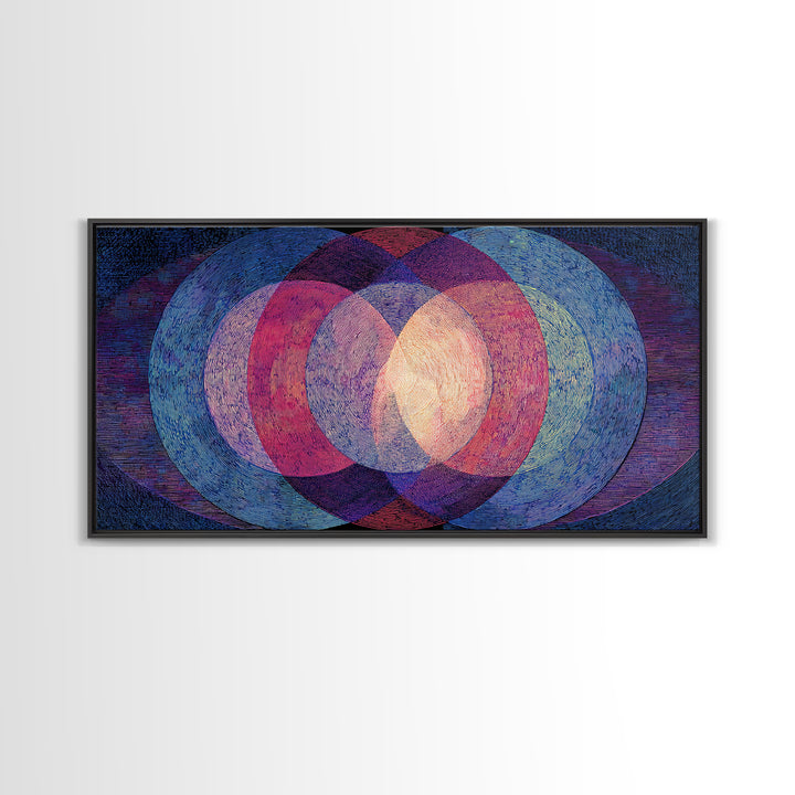 Textured Blue Pink Moire Oval Rings Wall Art, Midcentury Modern Abstract Art Print, Op Art Poster, Retro Geometric MCM Decor