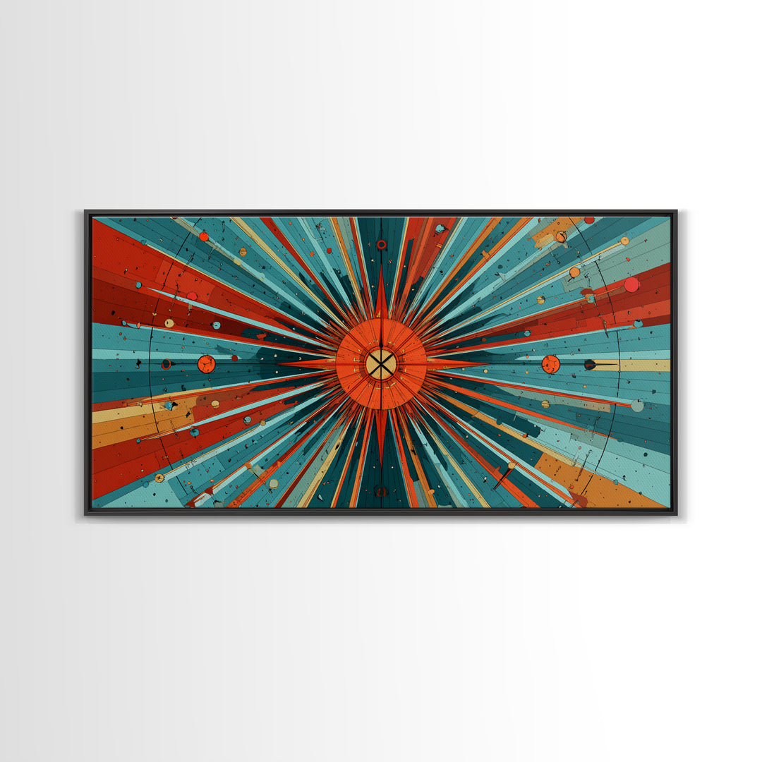 Orange Teal Cosmic Sunburst Canvas Print, Midcentury Modern Art, Retro Atomic Poster, Bold Geometric Wall Decor, 1950s Space Print