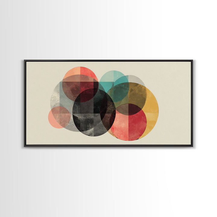 Neutral Black Red Yellow Circle Cluster Framed Canvas Print, Midcentury Modern Wall Art, Retro Geometric Poster, MCM Home Decor