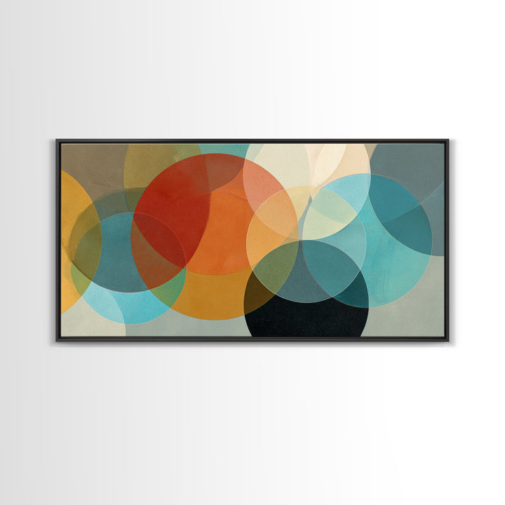 Overlapping Retro Circles Abstract In Teal Orange Mustard Wall Art, Mid Century Modern Print, Geometric MCM Living Room Decor