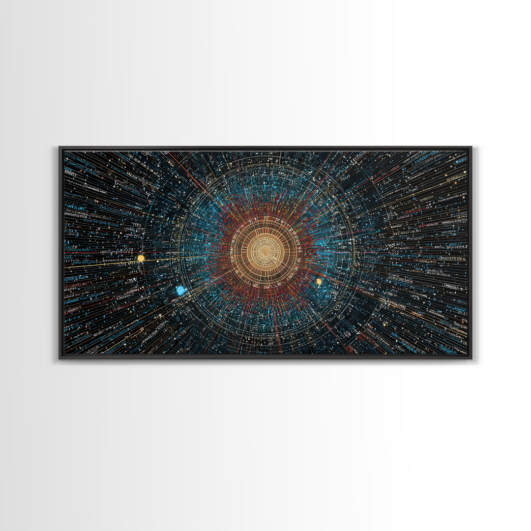Golden Data Starburst Framed Canvas Print, Modern Abstract Art, Cosmic Geometric Wall Decor, Sci Fi Poster, Blue Orange Space Art