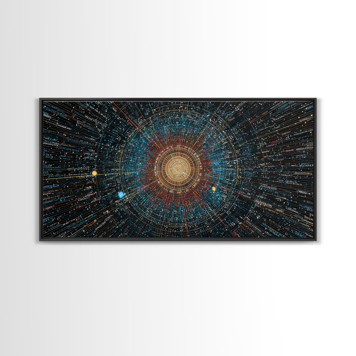 Golden Data Starburst Framed Canvas Print, Modern Abstract Art, Cosmic Geometric Wall Decor, Sci Fi Poster, Blue Orange Space Art