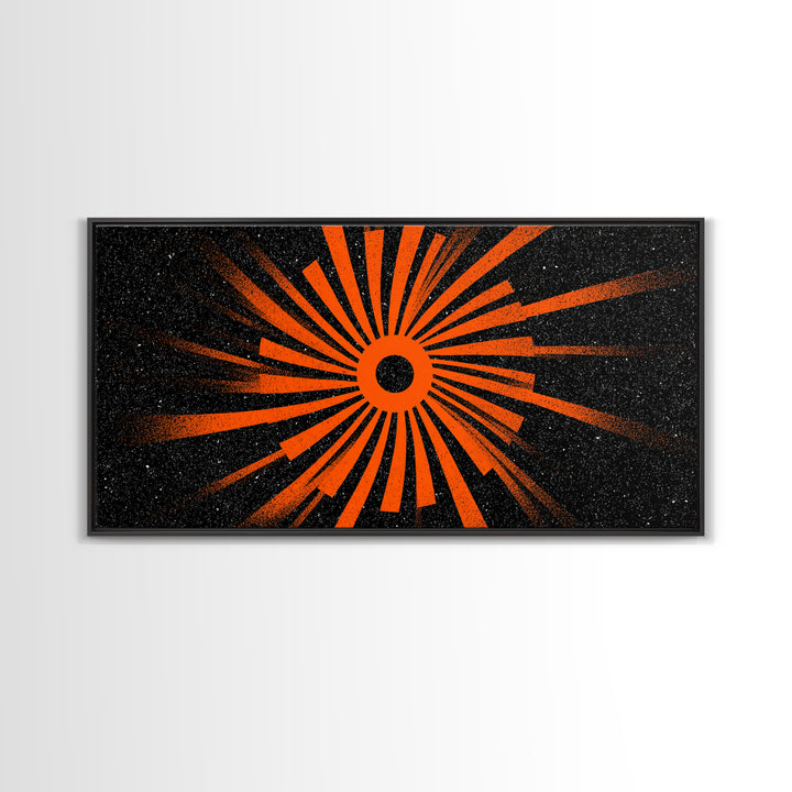 Orange Eclipse Sunburst Canvas Print, Retro Space Abstract Art, Midcentury Modern Wall Decor, Black Atomic Poster For Living Room