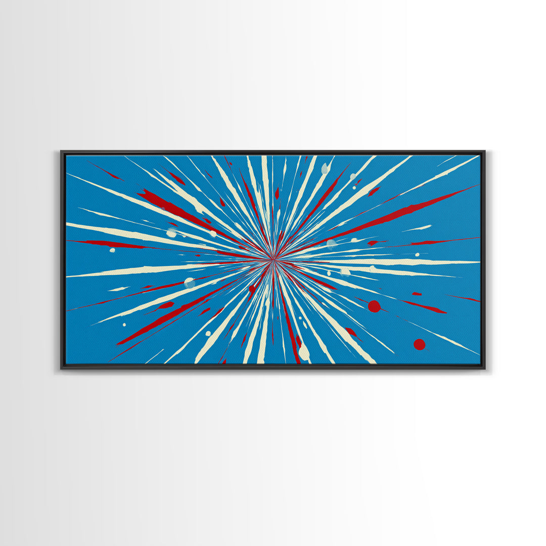Blue Red Speed Burst Wall Art, Retro Sci Fi Star Lines, Modern Abstract Art Print, Bold Graphic Poster, Game Room Decor Gift