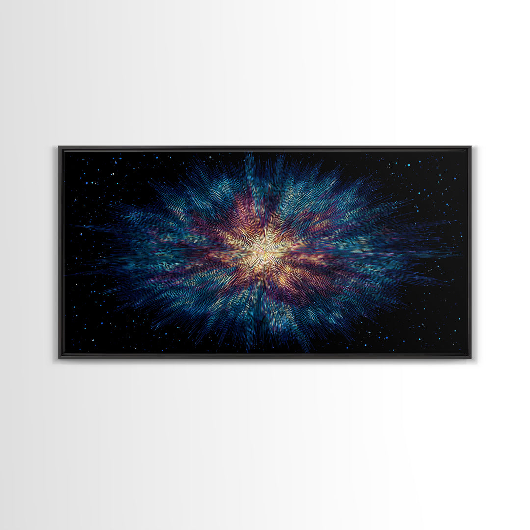 Luminous Nebula Starburst Framed Canvas Print, Cosmic Abstract Wall Art, Modern Galaxy Poster, Blue Purple Bedroom Decor