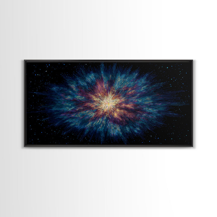 Luminous Nebula Starburst Framed Canvas Print, Cosmic Abstract Wall Art, Modern Galaxy Poster, Blue Purple Bedroom Decor