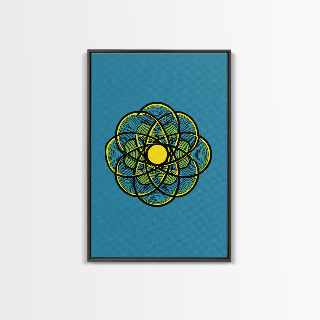 Colorful Atomic Flower Symbol On Blue Canvas Print, Midcentury Modern Wall Decor, Geometric Art Print, Retro Space Poster