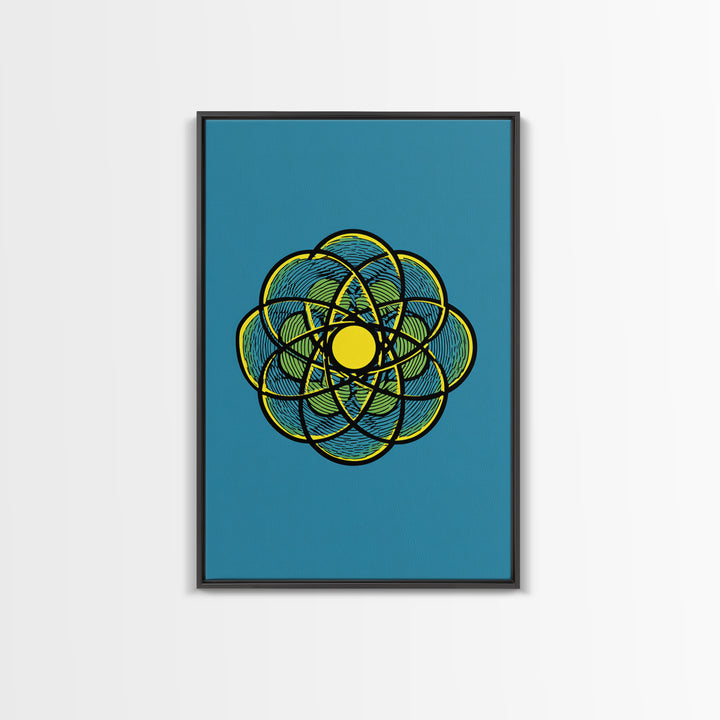 Colorful Atomic Flower Symbol On Blue Canvas Print, Midcentury Modern Wall Decor, Geometric Art Print, Retro Space Poster