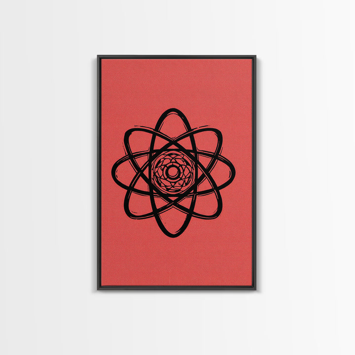 Black Atomic Symbol On Red Canvas Print, Midcentury Modern Wall Art, Retro Science Poster, Geometric MCM Home Decor, Atomic Art Print
