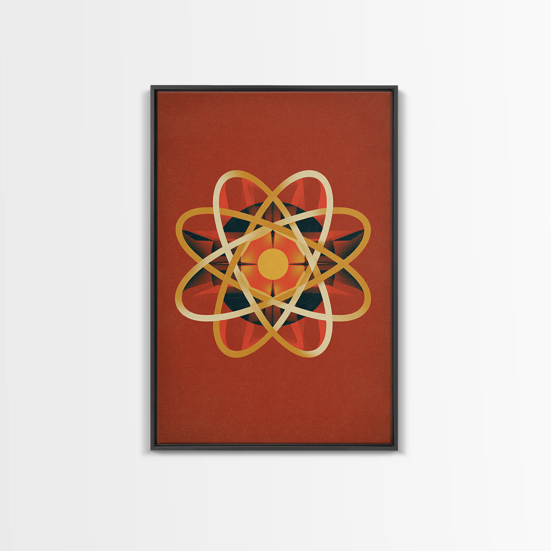 Glowing Golden Atomic Symbol Canvas Print, Midcentury Modern Wall Art, Retro Science Decor, Orange Geometric Abstract Poster