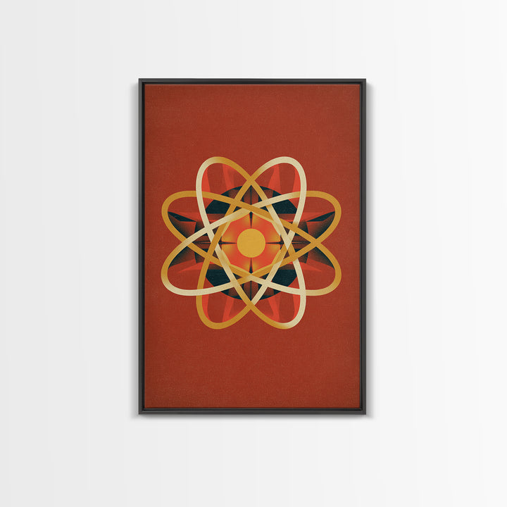 Glowing Golden Atomic Symbol Canvas Print, Midcentury Modern Wall Art, Retro Science Decor, Orange Geometric Abstract Poster