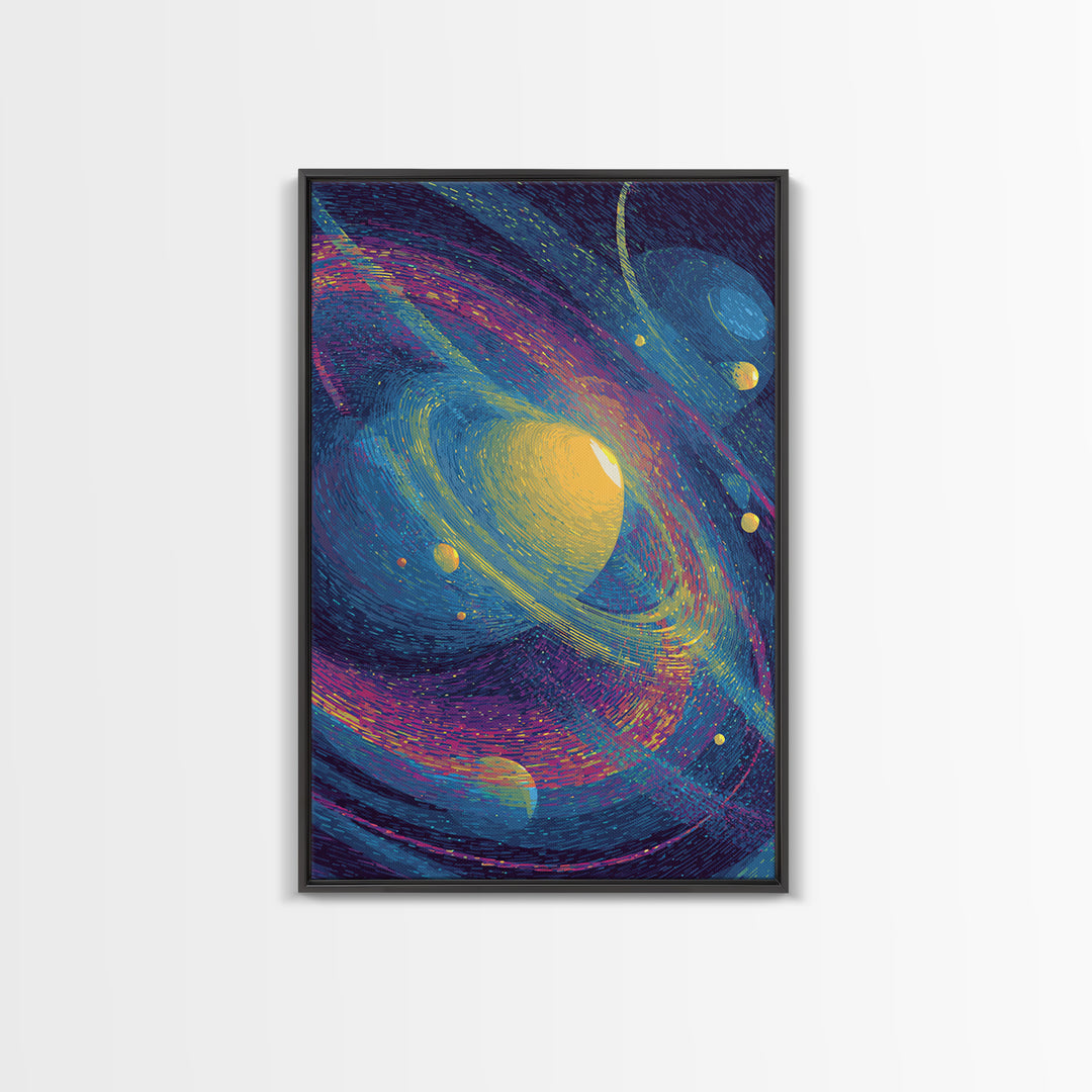 Vibrant Saturn Galaxy With Colorful Swirls Canvas Print, Cosmic Retro Wall Decor, Modern Abstract Art, Space Poster Gift