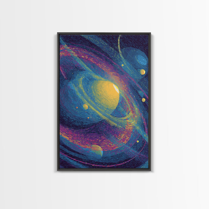 Vibrant Saturn Galaxy With Colorful Swirls Canvas Print, Cosmic Retro Wall Decor, Modern Abstract Art, Space Poster Gift