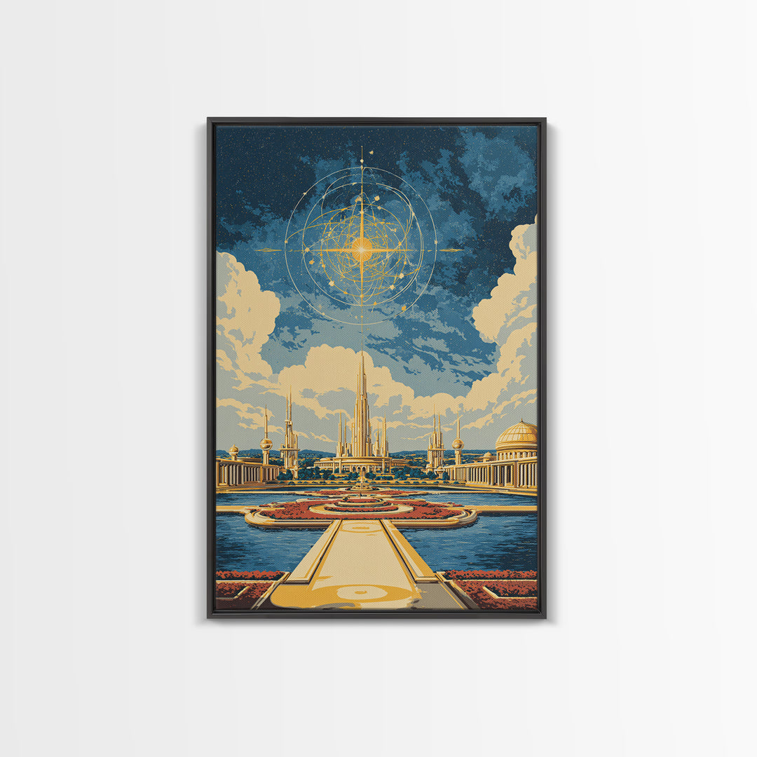 Golden Celestial Palace And Star Map Wall Art, Mid Century Modern Sci Fi Poster, Futuristic City Decor, Cosmic Canvas Print