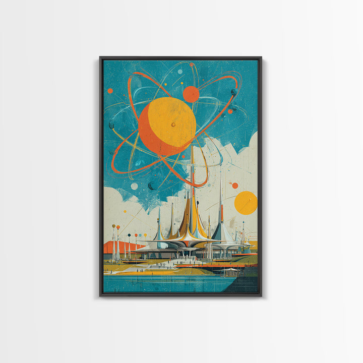 Giant Atomic Sun Over Futuristic City Wall Art, Mid Century Modern Canvas Print, Retro Space Age Poster, Turquoise Decor