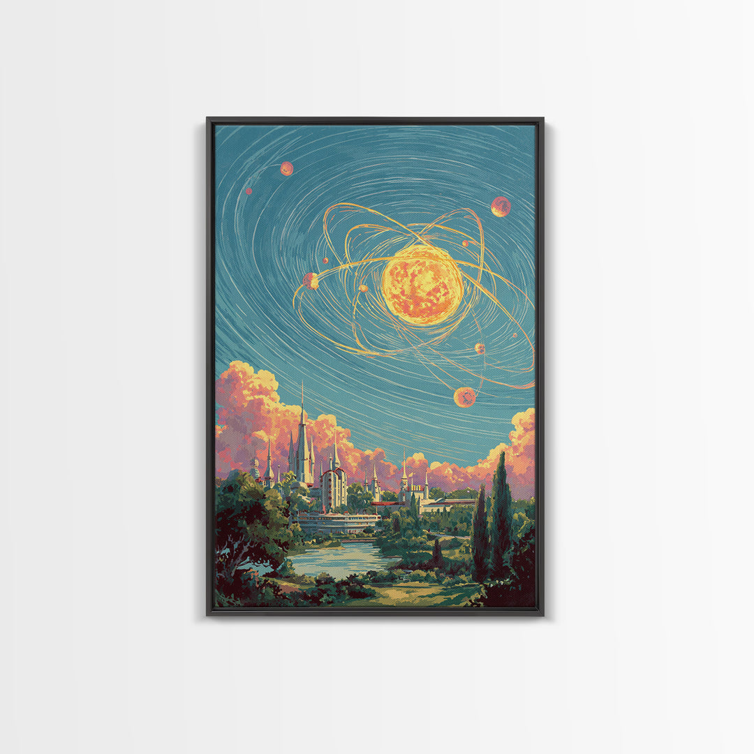 Glowing Atomic Sun Over Retro Future City Canvas Print, Mid Century Modern Wall Art, Cosmic Space Poster, Scenic MCM Decor