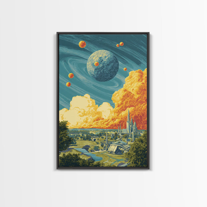 Retro Futuristic Planet City Wall Art, Sci Fi Space Landscape, Midcentury Modern Poster, Atomic MCM Decor, Blue Orange Print