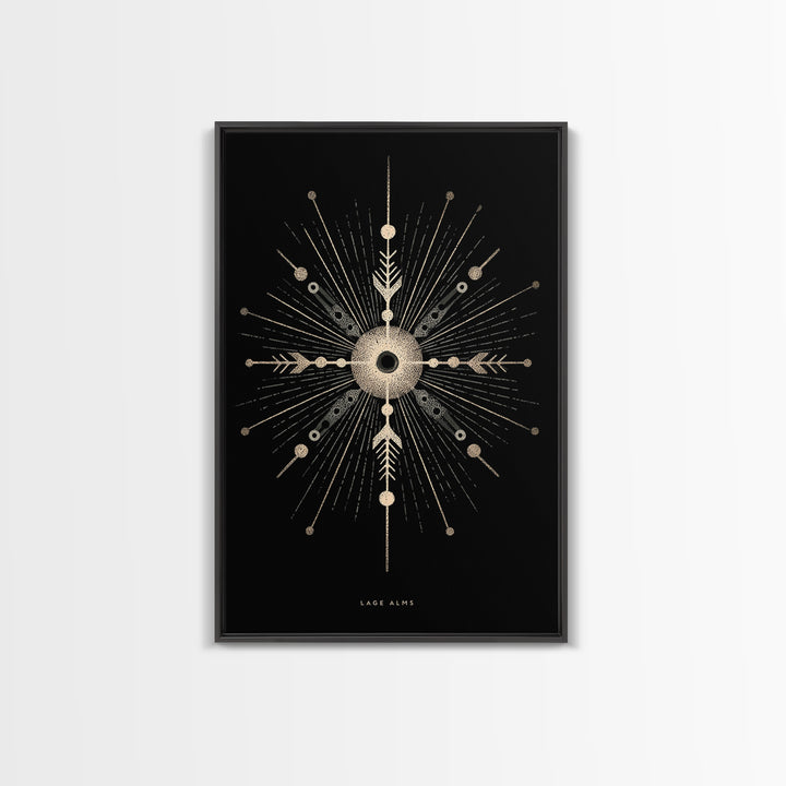 Gold Celestial Starburst Canvas Print, Black Cosmic Wall Decor, Midcentury Atomic Abstract Poster, Spiritual Geometric Art