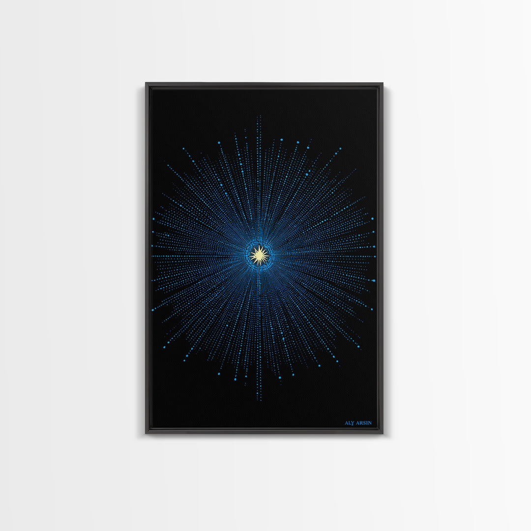 Blue Cosmic Starburst Wall Art, Modern Abstract Space Poster, Atomic Midcentury Decor, Black Sci Fi Galaxy Print For Living Room