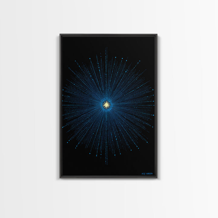 Blue Cosmic Starburst Wall Art, Modern Abstract Space Poster, Atomic Midcentury Decor, Black Sci Fi Galaxy Print For Living Room