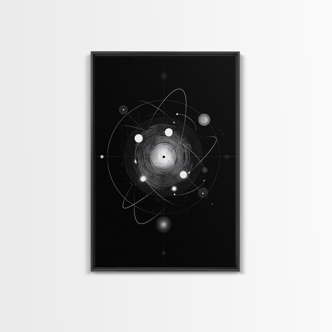 Radiant Atomic Orbit Vortex Wall Art, Black And White Space Abstract, Mid Century Modern Decor, Geometric Sci Fi Poster Print