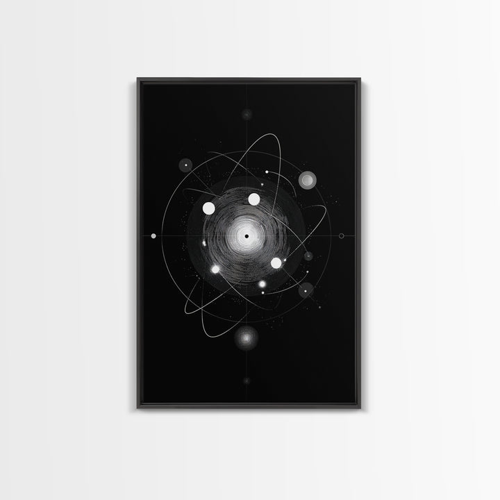 Radiant Atomic Orbit Vortex Wall Art, Black And White Space Abstract, Mid Century Modern Decor, Geometric Sci Fi Poster Print