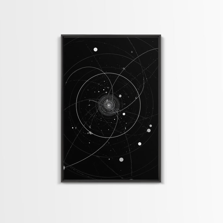 Deep Space Orbital Spiral Wall Art, Black White Cosmic Abstract, Geometric Modern Art Print, Retro Sci Fi Home Decor Poster