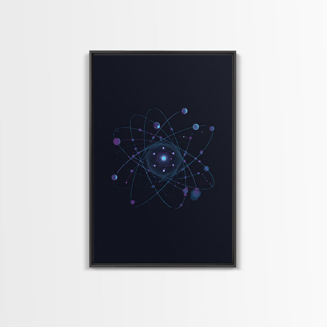 Blue Purple Atomic Orbit Canvas Print, Dark Space Abstract Science Art, Modern Wall Decor, Midcentury Geometric Poster Print