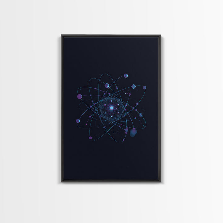 Blue Purple Atomic Orbit Canvas Print, Dark Space Abstract Science Art, Modern Wall Decor, Midcentury Geometric Poster Print