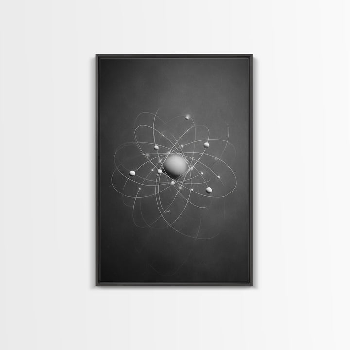 Monochrome Atom Model Framed Canvas Print, Gray Science Abstract Art, Modern Wall Decor, Mid Century Geometric Poster Print