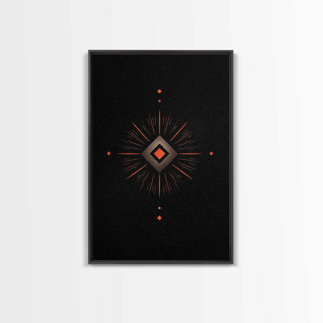 Orange Diamond Sunburst Wall Art, Black Atomic Abstract Design, Mid Century Modern Decor, Geometric Retro Poster Print Art