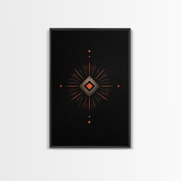 Orange Diamond Sunburst Wall Art, Black Atomic Abstract Design, Mid Century Modern Decor, Geometric Retro Poster Print Art