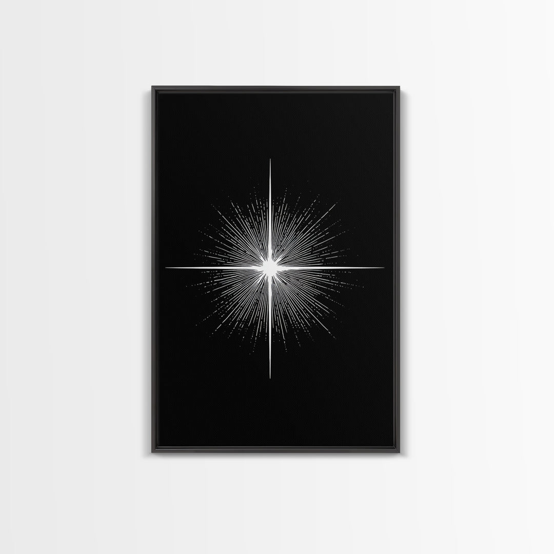White Radiant Starburst Wall Art, Black Minimal Cosmic Abstract, Modern Geometric Poster, Mid Century Space Home Decor Print