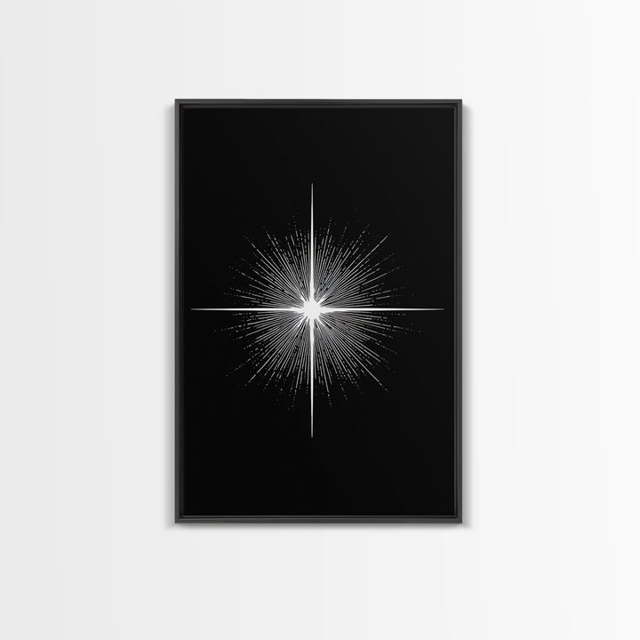 White Radiant Starburst Wall Art, Black Minimal Cosmic Abstract, Modern Geometric Poster, Mid Century Space Home Decor Print