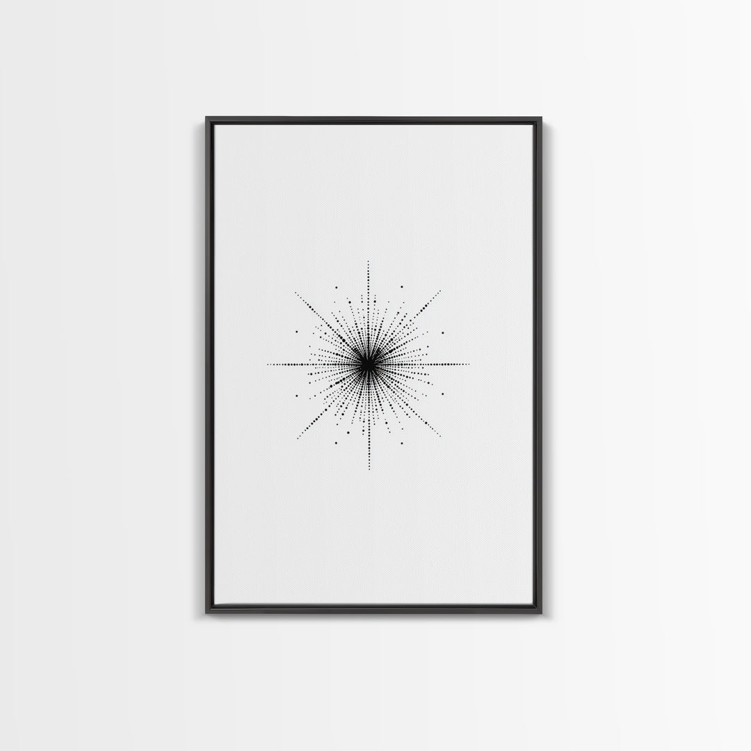 Dotted Cosmic Starburst Wall Art, Black And White Minimal Abstract, Modern Geometric Poster, Mid Century Office Decor Print
