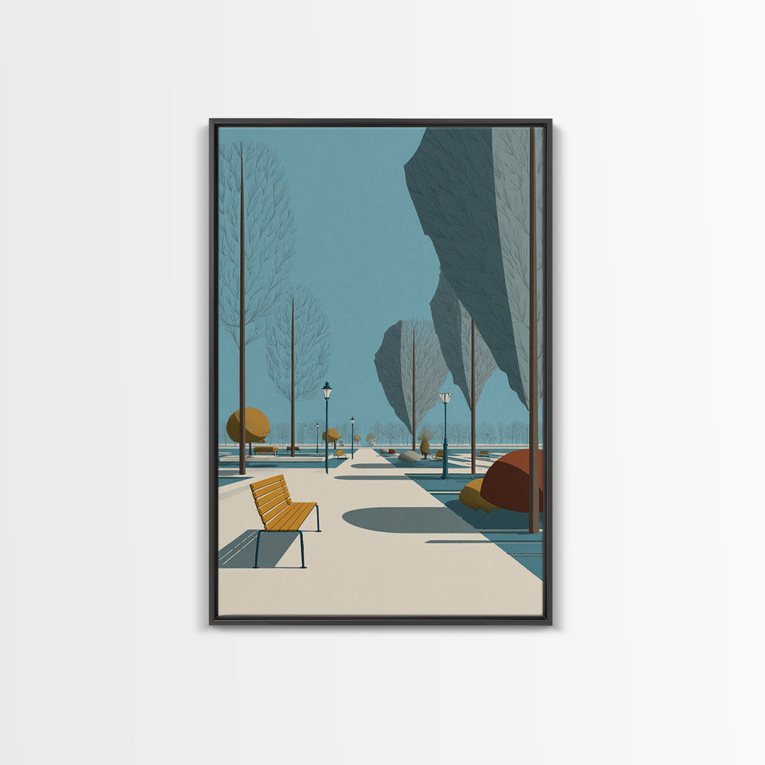Winter Park Avenue With Yellow Bench Wall Art, Mid Century Modern Landscape Print, Scandinavian Modern Office Decor Poster