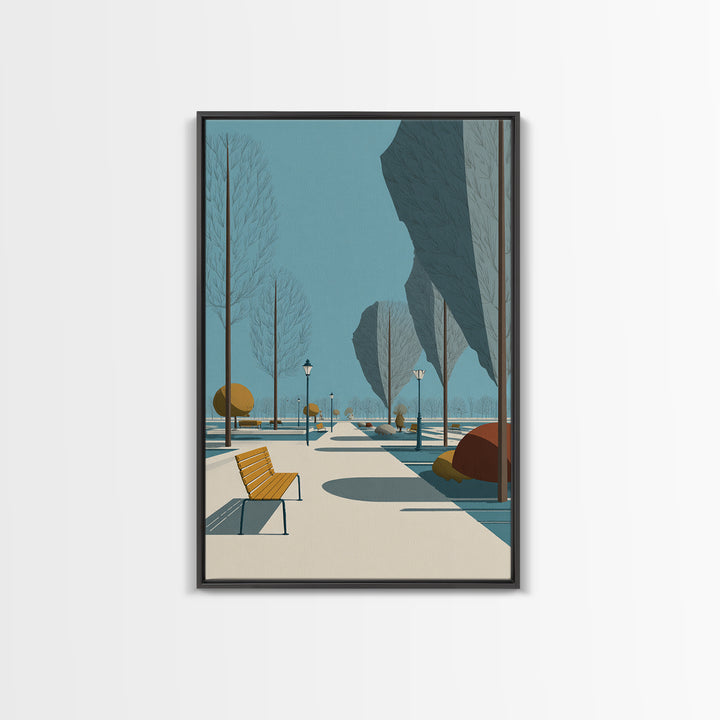 Winter Park Avenue With Yellow Bench Wall Art, Mid Century Modern Landscape Print, Scandinavian Modern Office Decor Poster