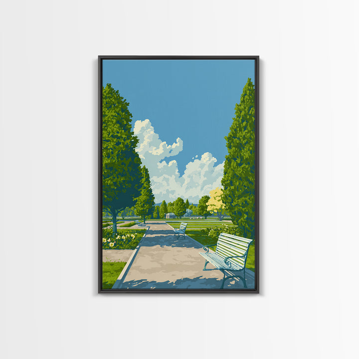 Green Formal Garden Walkway Framed Canvas Print, Mid Century Modern Nature Art, Bright Park Landscape Wall Decor For Home Office