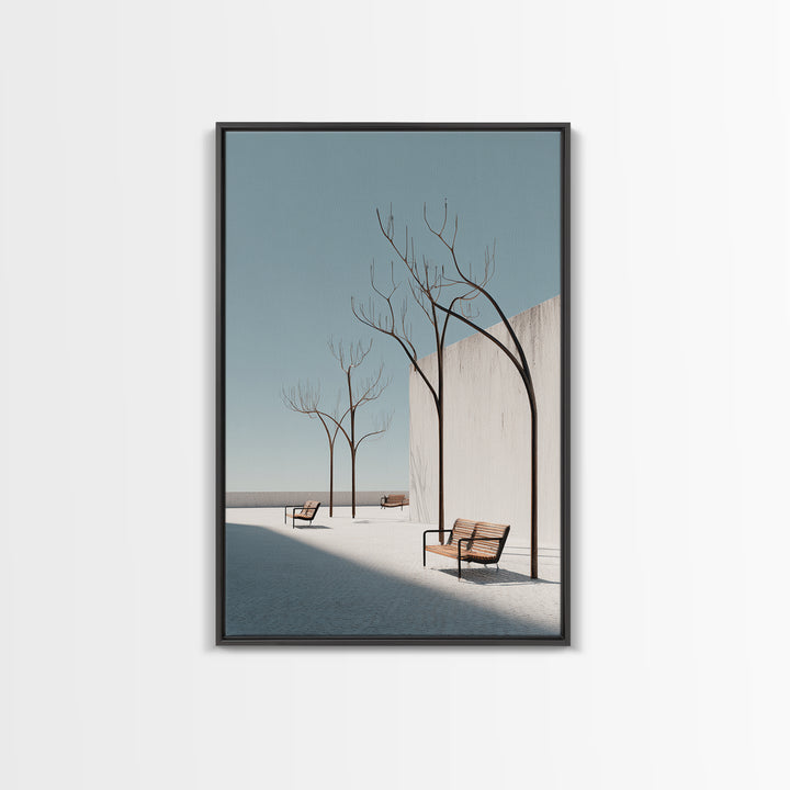 Minimal White Courtyard Benches Wall Art, Mid Century Modern Architectural Print, Scandinavian Modern Minimalist Decor Poster