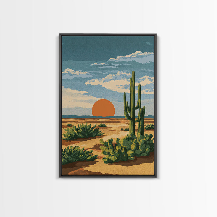 Textured Desert Cactus Sunset Canvas Print, Mid Century Modern Art, Southwestern Landscape Poster, Warm Earth Tone Decor