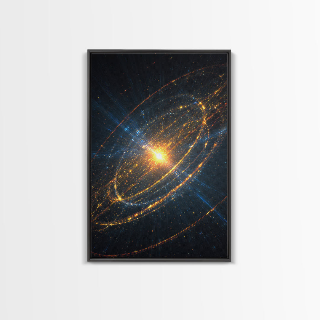 Radiant Starburst Galaxy With Golden Orbital Rings Wall Art, Cosmic Space Poster, Modern Abstract Art, Sci Fi Home Decor