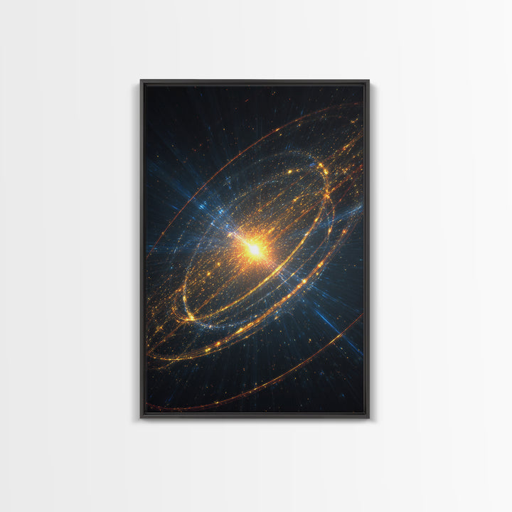 Radiant Starburst Galaxy With Golden Orbital Rings Wall Art, Cosmic Space Poster, Modern Abstract Art, Sci Fi Home Decor