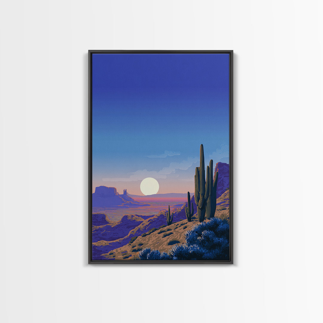 Blue Canyon Desert Moon Wall Art, Mid Century Modern Landscape Print, Cactus Travel Poster, Southwestern Home Decor For Living Room