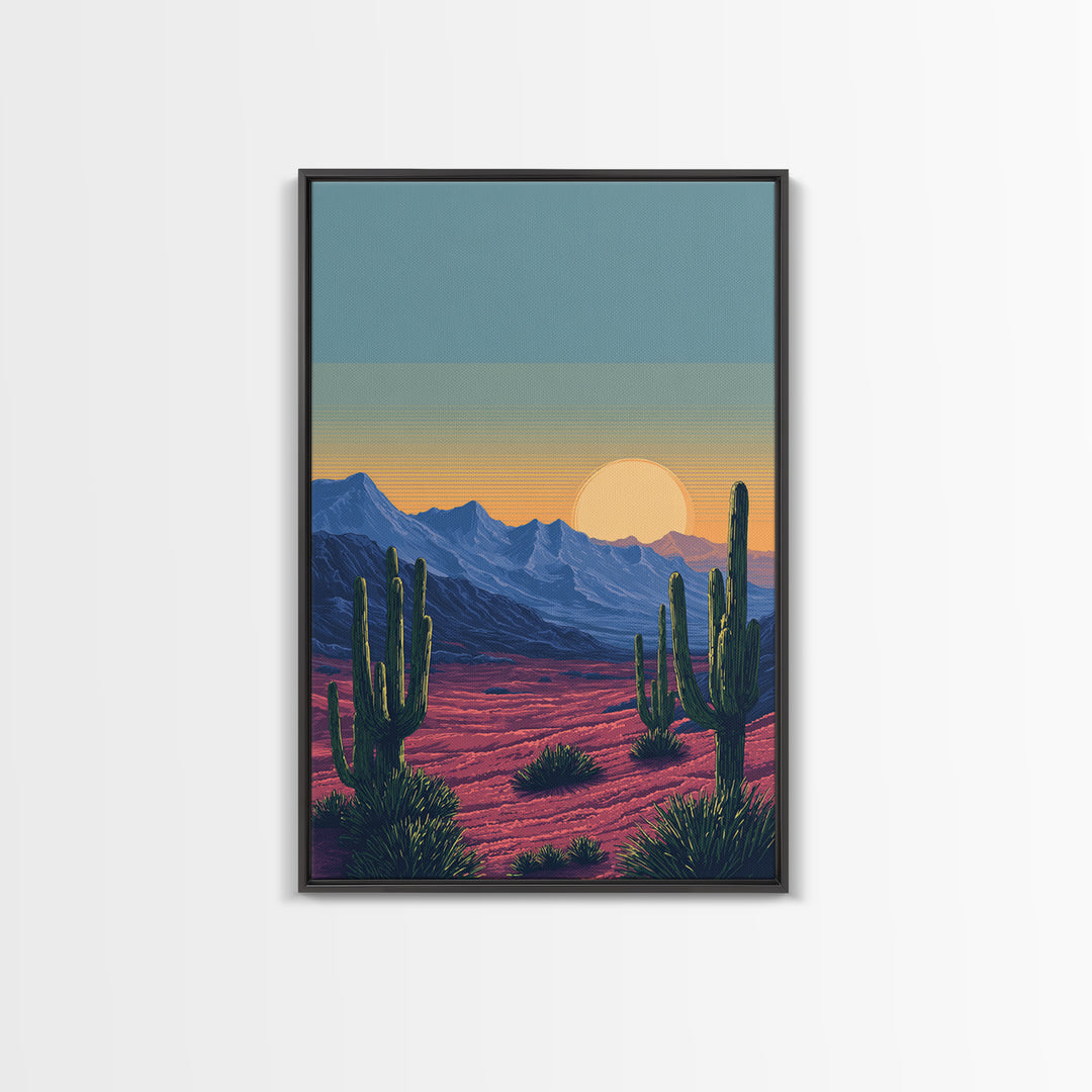 Saguaro Desert Mountains At Sunset Wall Art, Mid Century Modern Southwest Landscape, Retro Travel Poster, Colorful Home Decor