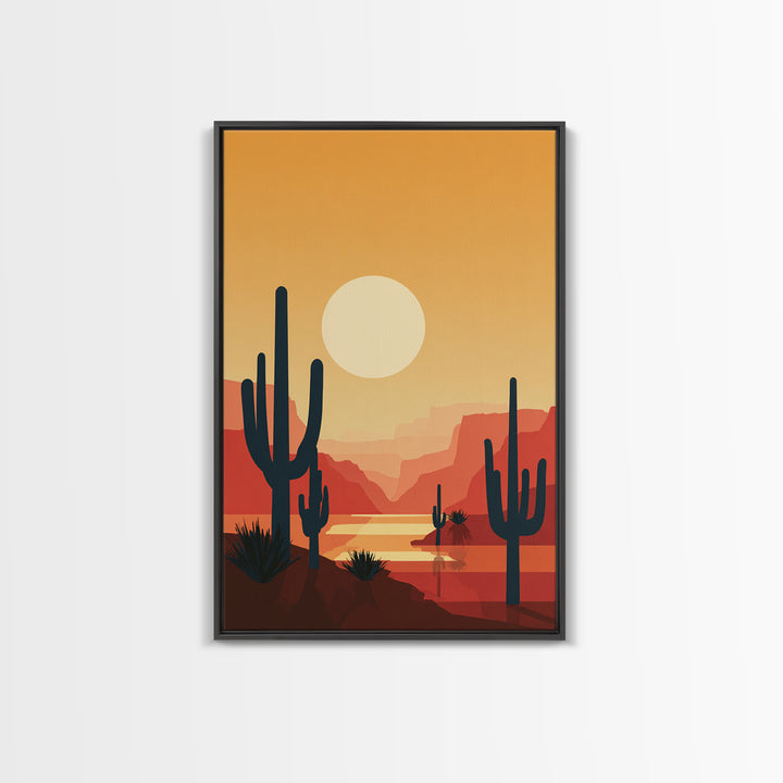 Canyon River Saguaro Sunset Canvas Print, Mid Century Modern Desert Poster, Southwestern Decor, Orange Living Room Wall Art