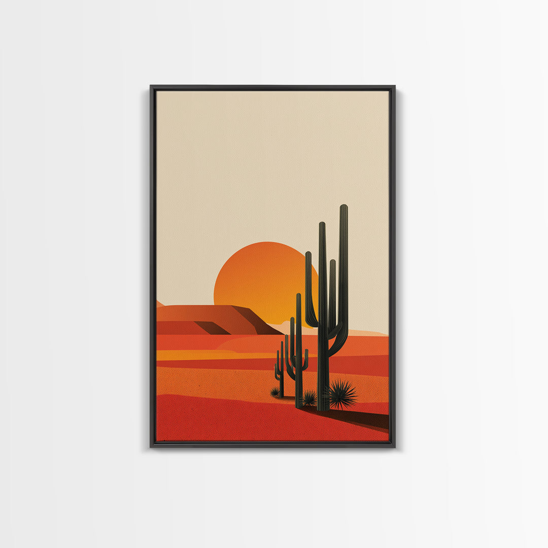 Orange Desert Sun With Tall Cactus Framed Canvas Print, Mid Century Modern Art, Minimal Southwest Decor, Warm Retro Poster